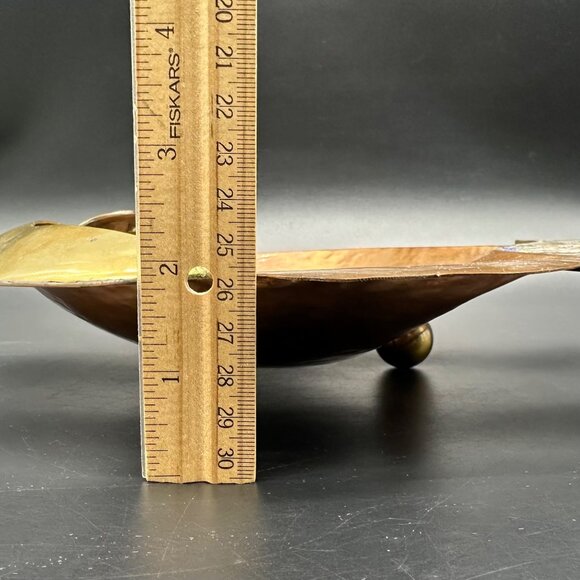 Mid Century Hammered Brass Copper Fish Dish Abalone Shell Inlay Mexico Footed - Picture 11 of 11